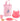 A pink Corolle meal time set for dolls, including a bib, biscuit, glass, plate, spoon, and a carrying bag with a bear design.