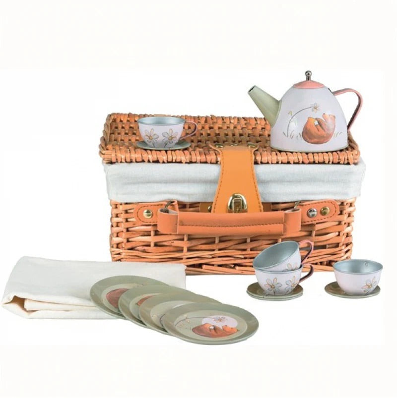 Tin Tea Set Hedgehog in a Wicker Basket